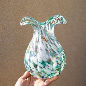 Artisan Glass Flower Vase Ruffle Rim Speckled Multicolor-Medium Bloom Vase